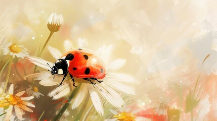Obraz premium Ladybug on a daisy in a soft summer light. A vibrant ladybug rests delicately on a white daisy, bathed in the gentle warmth of summer sunlight.
