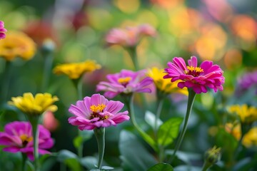 Obraz premium Close Up View of Pink and Yellow Flowers in a Garden