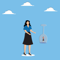 Employee or customer retention, reduce churn rate or talent management, company loyalty or CRM customer relationship management concept, businesswoman hold glass to retain small employee inside