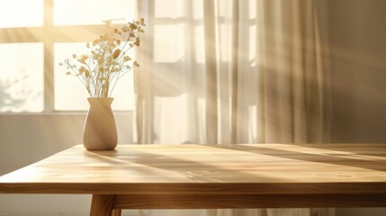 Fototapeta premium Wooden table sunlight flowers interior. Wooden table with a vase of flowers in front of a window with sunlight shining through.