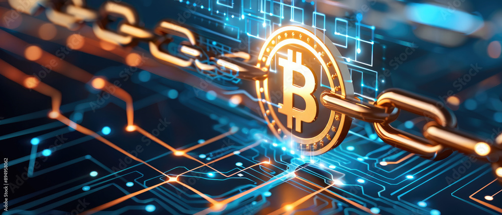 Poster explore a flat design illustration representing a digital currency blockchain network, showcasing mo