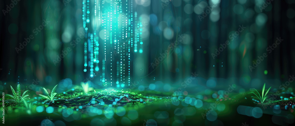 Poster explore a sci-fi concept art of a forest with a smart sensor network. glowing holograms and deep gre