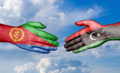 Libya and Eritrea country handshaking with flags, consensus concept international co-operation illustration