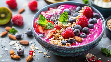 Vibrant smoothie bowl with fresh berries, nuts, seeds, and mint, providing a healthy and nutritious breakfast option for a balanced diet.