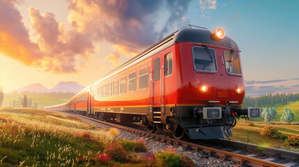 Naklejka premium Explore a vibrant digital painting of a zero emission train journeying through scenic countryside. Perfect for eco tourism themes with ample space for text and depth of field.