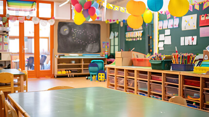 Colorful Classroom With Tables, Chairs, And Decorations