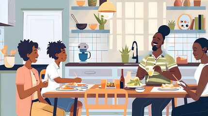 Family Enjoying Dinner Together In A Cozy Home Kitchen