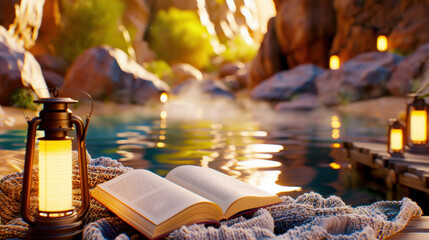 Tranquil scene featuring an open book and a lantern beside a calm body of water, surrounded by natural rock formations and soft lighting