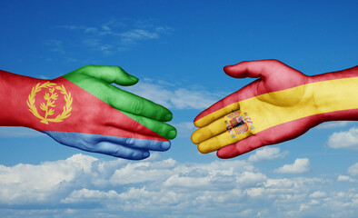 Spain and Eritrea country handshaking with flags, consensus concept international co-operation illustration