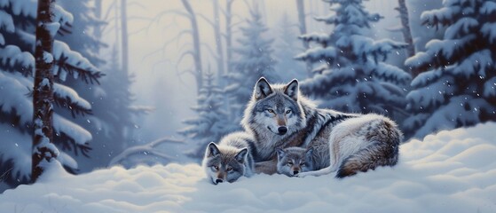 Obraz premium A wolf nursing her pups in a snowy wilderness, photo realistic, crisp detail, cool tones, soft fur, serene wildlife moment