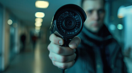 Fototapeta premium a man holding a surveillance camera in his hand, against an office background