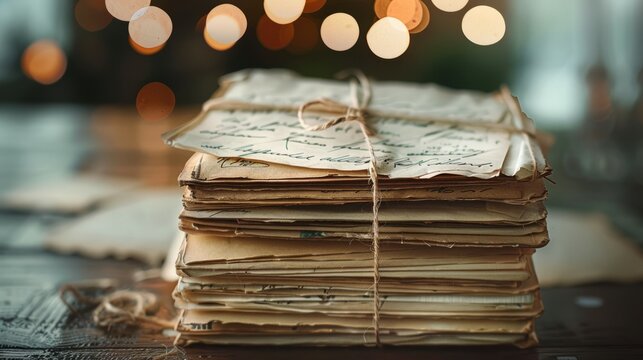 Stack of old letters tied with string. A stack of old, handwritten letters tied together with twine, representing the past and the power of communication.