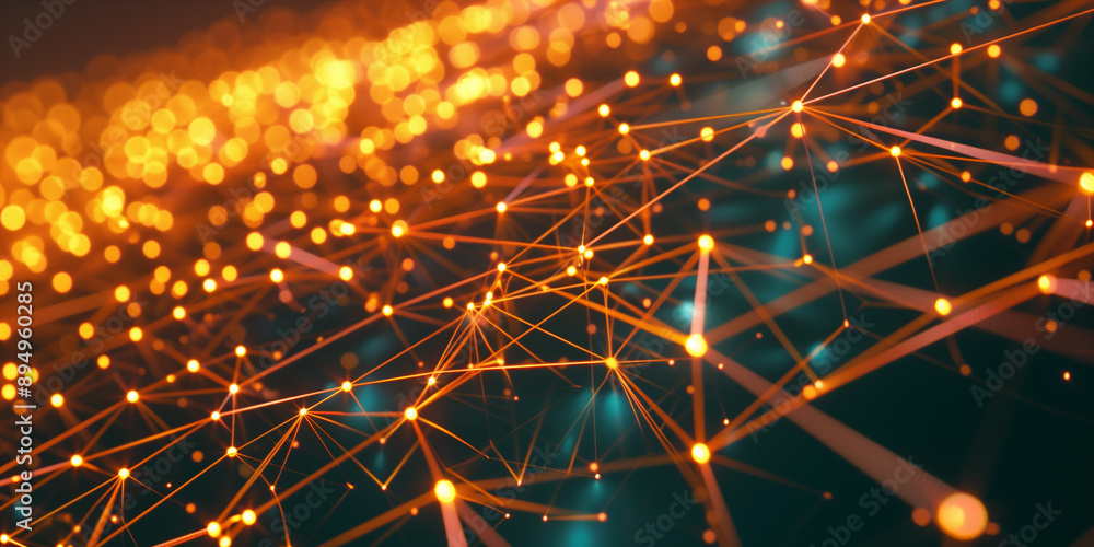 Poster a digital illustration featuring an interconnected network of glowing orange nodes and lines, repres