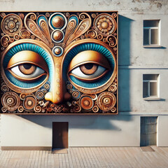A vibrant mural of an abstract face with intricate patterns and expressive eyes, on a building wall in a city, created to beautify the area and provoke thought about human perception and culture.