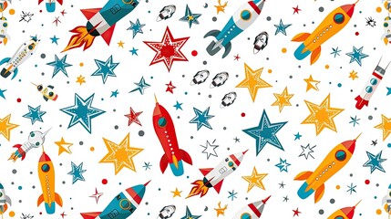 Fototapeta premium Colorful Rockets and Stars Seamless Pattern
