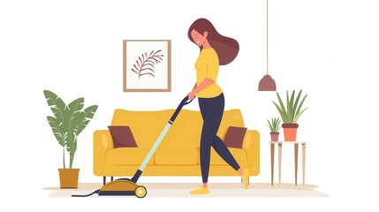 The girl walks around the studio apartment and cleans the floor with a vacuum cleaner, realistic