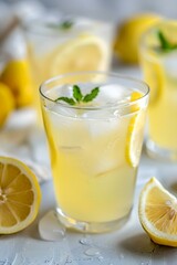 Fototapeta premium Close up of a glass of refreshing lemonade with ice and a lemon wedge