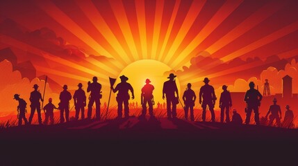 Fototapeta premium Labor Day poster with silhouettes of workers from different sectors standing tall, with a radiant sunrise and the phrase
