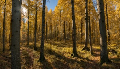 Fototapeta premium Golden trees in a serene autumn forest landscape.