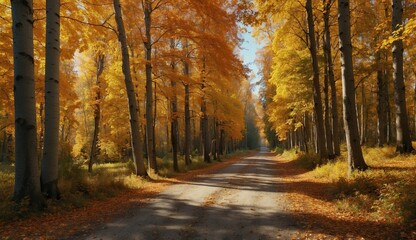 Obraz premium Sunlit autumn road lined with vibrant golden and yellow trees.