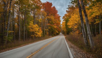 Obraz premium Empty rural road lined with autumn trees vibrant foliage.