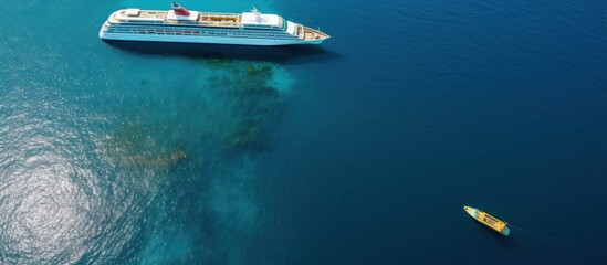 Fototapeta premium Aerial View of a Cruise Ship and a Small Boat