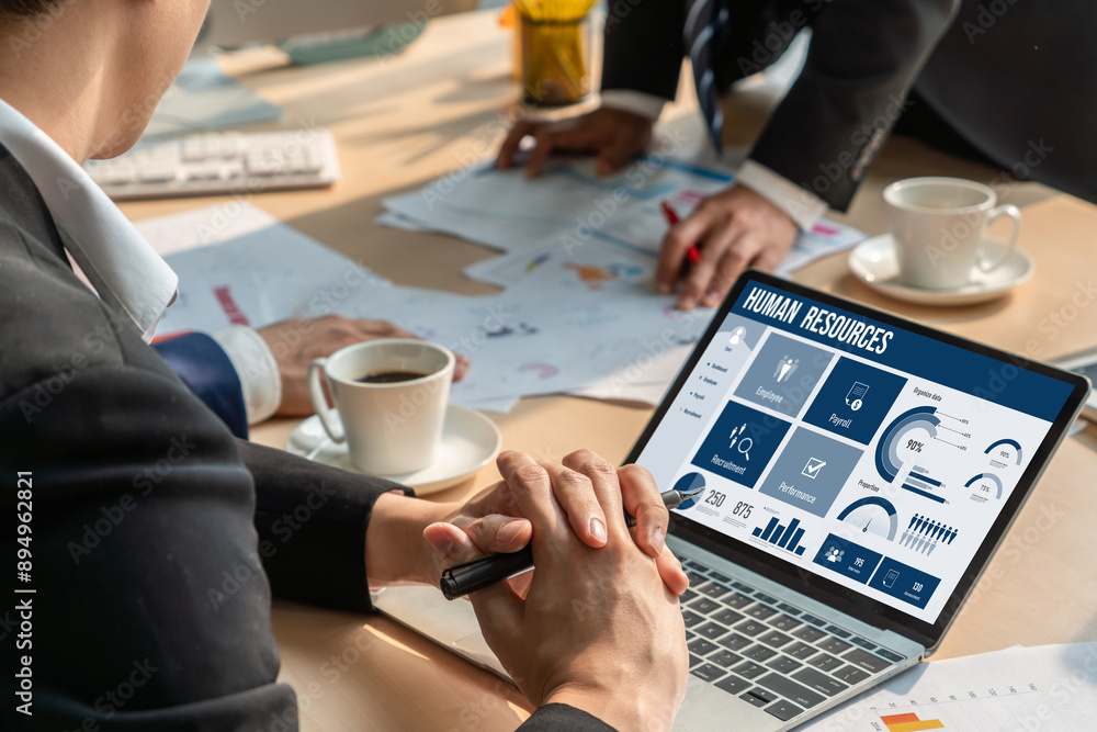 Poster human resources management software on computer screen helping human resources employee to manage re