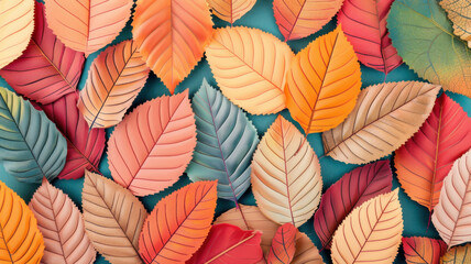 A vibrant arrangement of colorful leaves, showcasing a variety of textures and hues, perfect for autumn themes and nature studies.