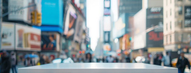 Obraz premium White table in busy urban environment. A modern white table sits in the middle of a busy urban environment, showcasing the hustle and bustle of city life.