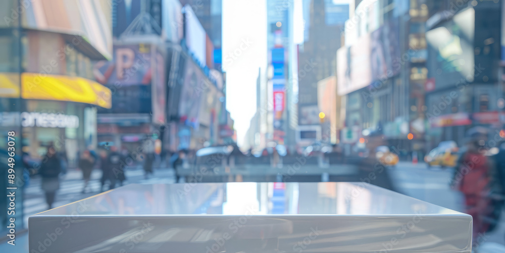 Poster empty table cityscape background. white table with a blurred city backdrop, perfect for showcasing p