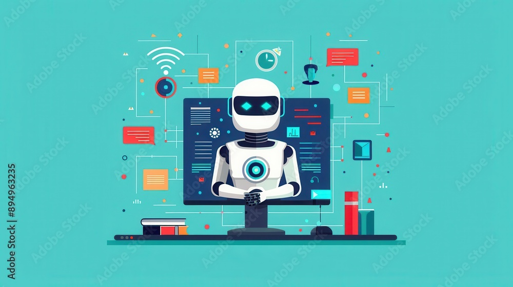 Poster computer screen showing chatbot conversation, language learning