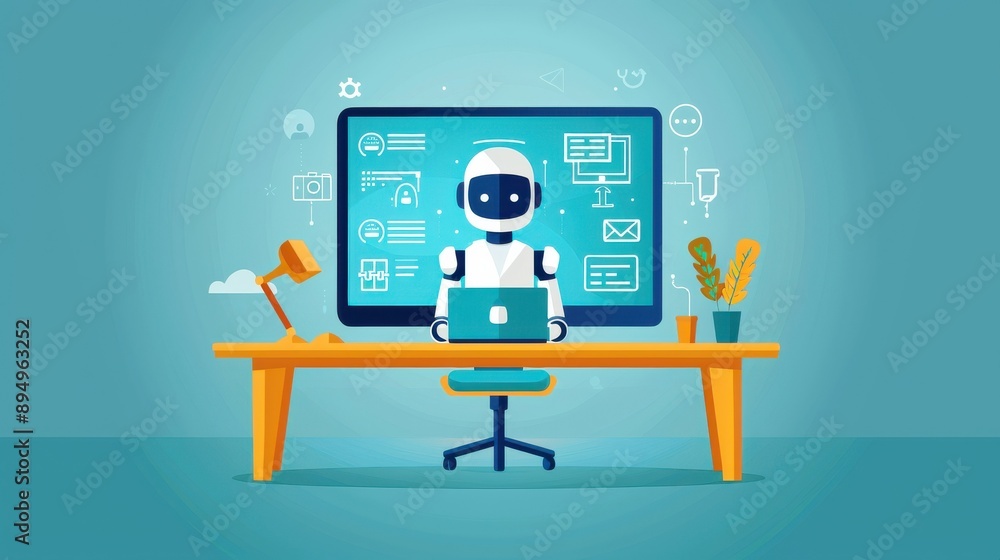 Poster computer screen showing chatbot conversation, language learning