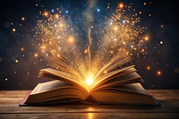 Bewitched book with magic glows in the darkness