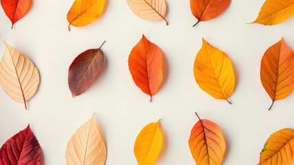 Obraz premium Colorful autumn leaves arranged artistically on a light background, showcasing the beauty of fall with vibrant hues.