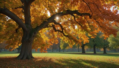 Majestic tree with autumn leaves in the sun
