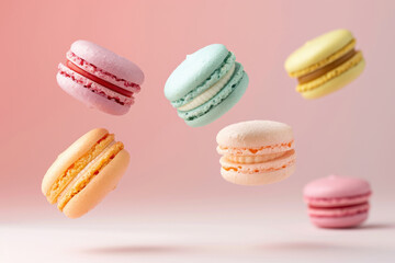 Obraz premium Colorful macarons floating in mid-air against a soft pastel background, a delightful treat for sweet lovers.