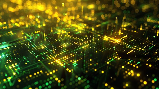 A detailed image of a modern device illuminated by yellow and green digital lights spreading over it. The dynamic, glowing patterns emphasize the fusion of technology and aesthetics, showcasing the