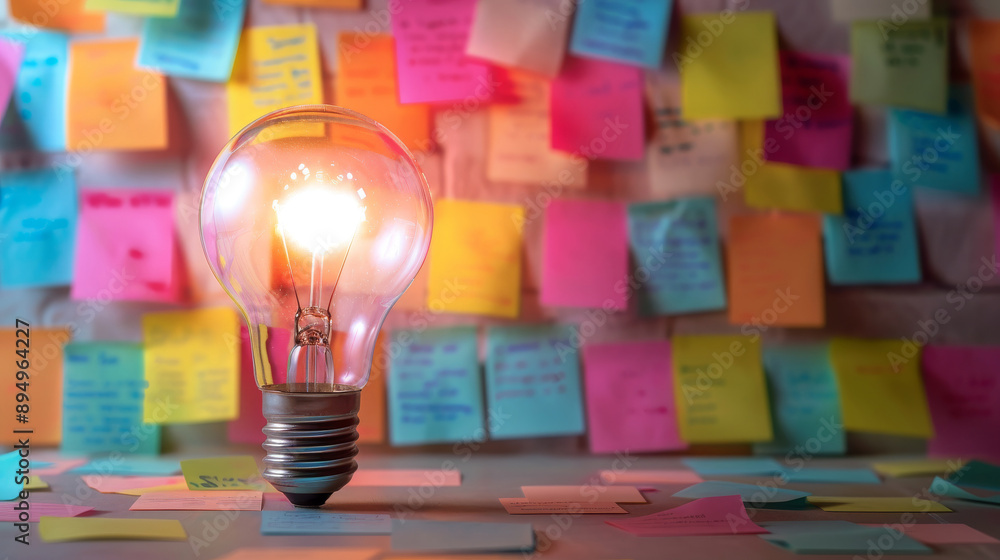 Poster a light bulb is lit up in front colorful sticky notes, brainstorming and solution idea concept.