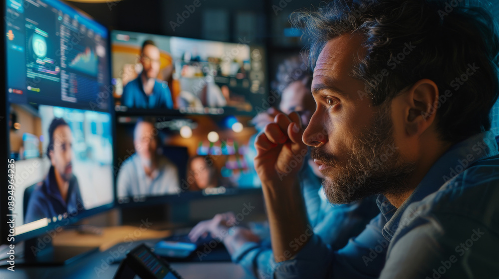 Poster a man is looking at a computer screen with multiple monitors, online meeting and remote work concept