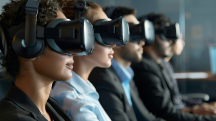 A group of people wearing virtual reality headsets are sitting in a room