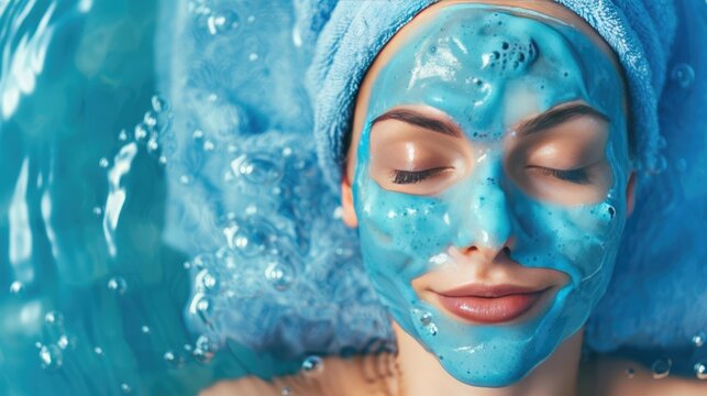 Blue Lagoon Facial: A serene woman with a blue face mask floats in a soothing blue water, embracing a luxurious spa experience. The image evokes tranquility and rejuvenation, perfect for skincare, bea