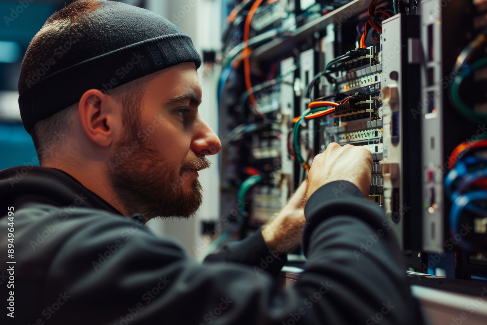 Aufkleber technician working on server equipment in data center, connecting cables and ensuring system perform