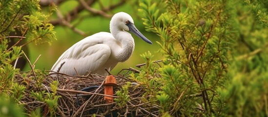 White Bird Perched in Nest Among Green Foliage