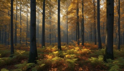 Fototapeta premium Golden-lit autumn forest with ferns on the forest floor.