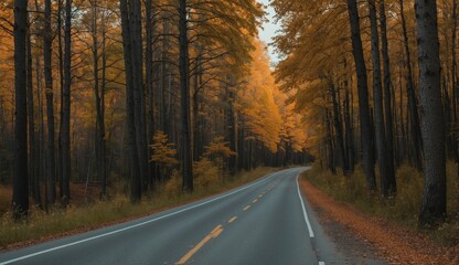 Fototapeta premium Straight road leading through golden autumn forest