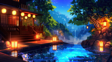 Tranquil night scene of a traditional Japanese structure by a serene pond with glowing lanterns and illuminated trees