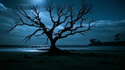 The silhouette of a craggy haunting tree stands alone on the desolate beach casting a shadow over the ominous scene at night.