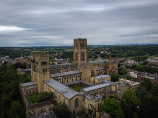 Fototapeta premium Durham Cathedral scenic aerial view by cloudy noon, England