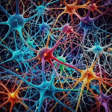 red neuronal de colores. Neurologia. Neuronas realizando conexiones sin&aacute;pticas. 