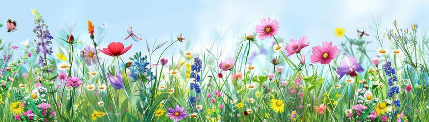 Fototapeta premium A vibrant spring meadow with a variety of flowers and insects, Natural, Bright colors, Digital illustration, capturing the essence of renewal and growth